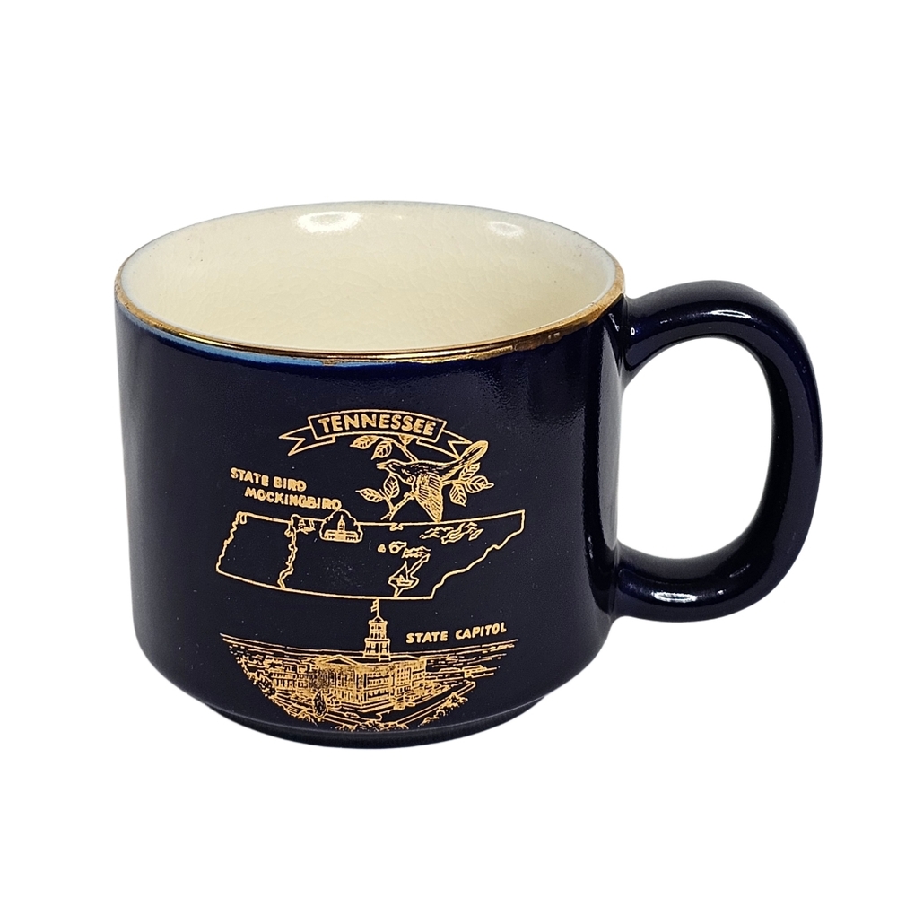 Tennessee Coffee Mug Cup Blue & Gold Trim State Capital Map Mockingbird Expresso